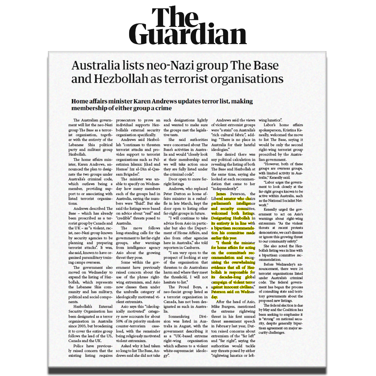 Australia lists neoNazi group The Base and Hezbollah as terrorist